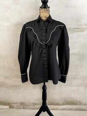 Vintage 90s Cameo Rose Black Ruffled Western Blouse